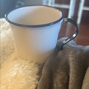 Vintage ker White Enamel Mug with Blue Rim